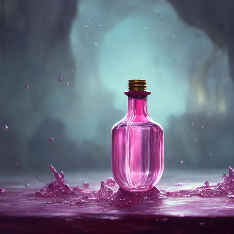 Pink potion bottle with gold cap in mystical cave setting