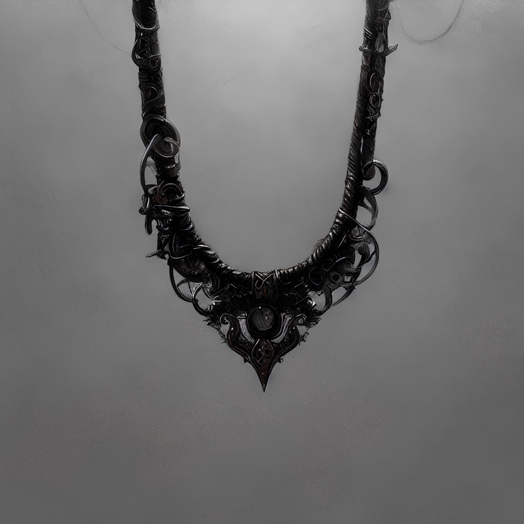 Intricate Black Gothic Necklace with Dark Gemstone on Gray Background