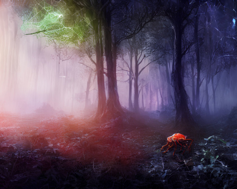 Vibrant mystical forest scene with neon spider and ethereal fog