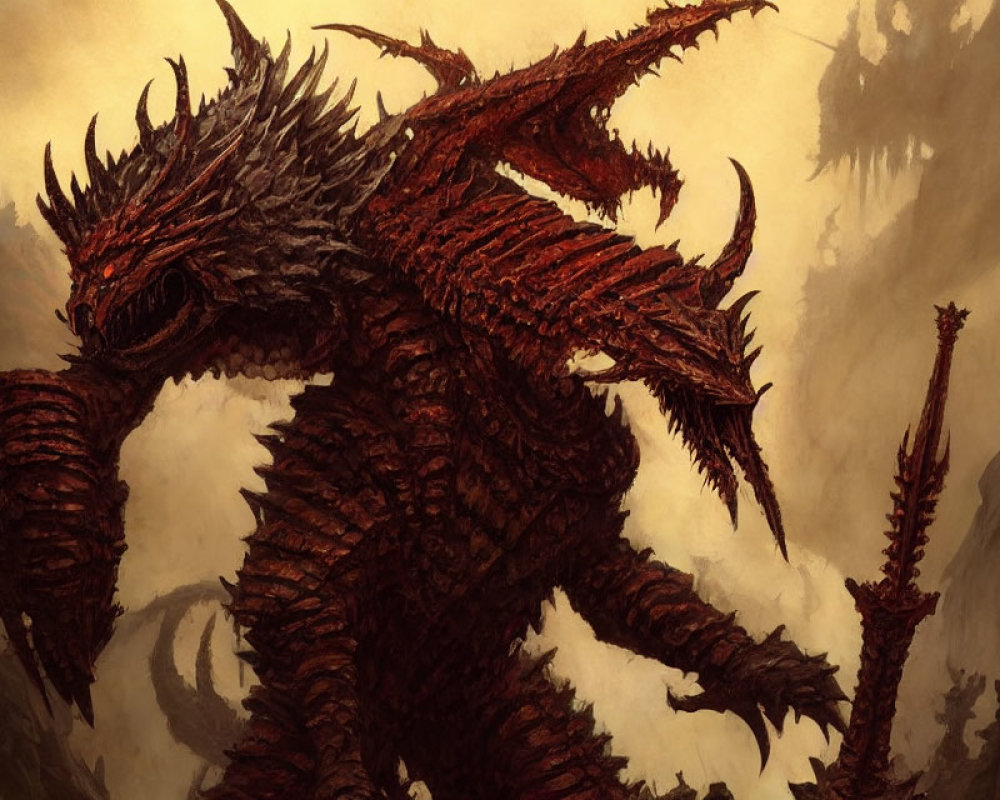 Red Dragon with Spikes and Scales in Ominous Setting