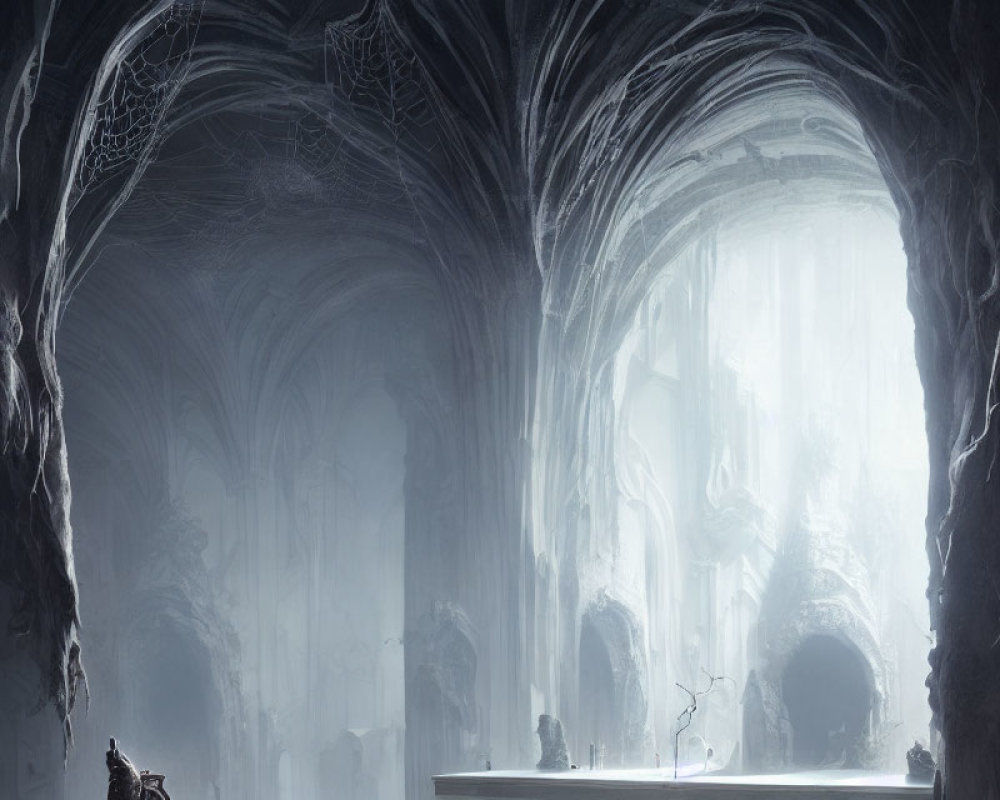 Majestic cavern with columns, arches, and solitary figure under ethereal light