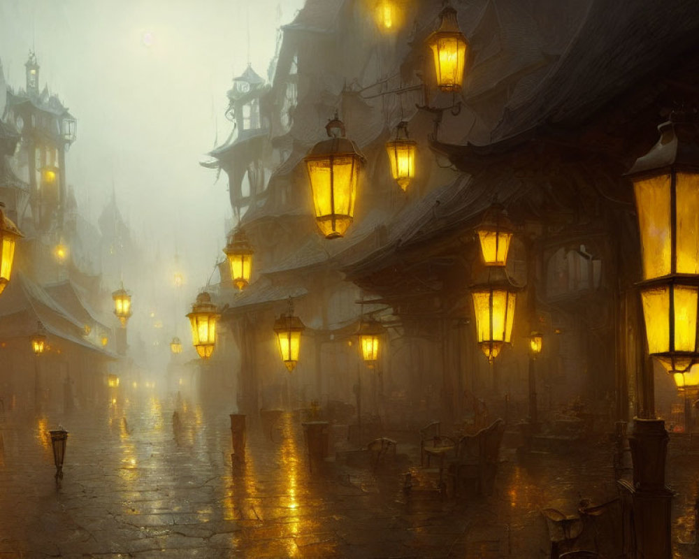 Historical European cityscape with glowing lanterns on misty cobblestone street
