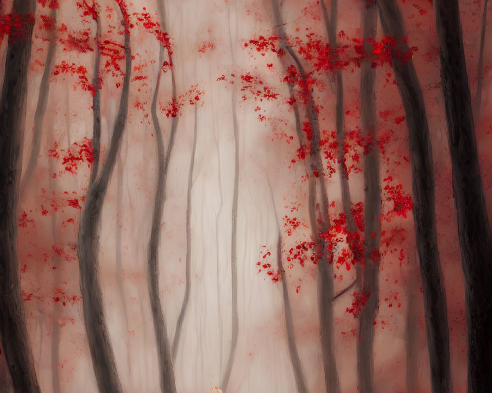 Person in Red Cloak in Mystical Forest with Red Leaves and Dark Tree Trunks