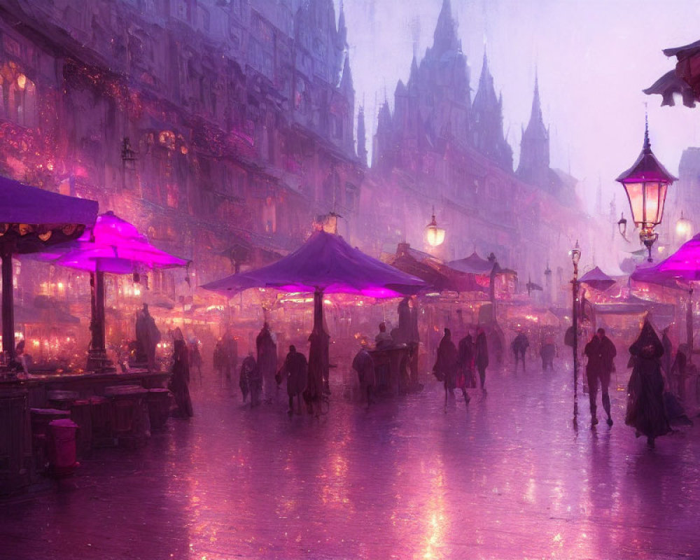Twilight street scene with purple hues, rain-soaked ambiance, silhouettes, and gothic