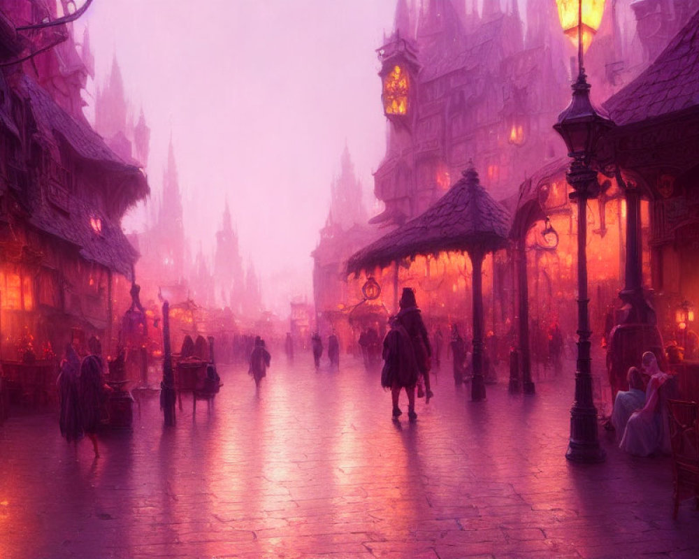 Purple-hued fantasy cityscape with fog, glowing lamps, old-fashioned buildings, and bustling street market