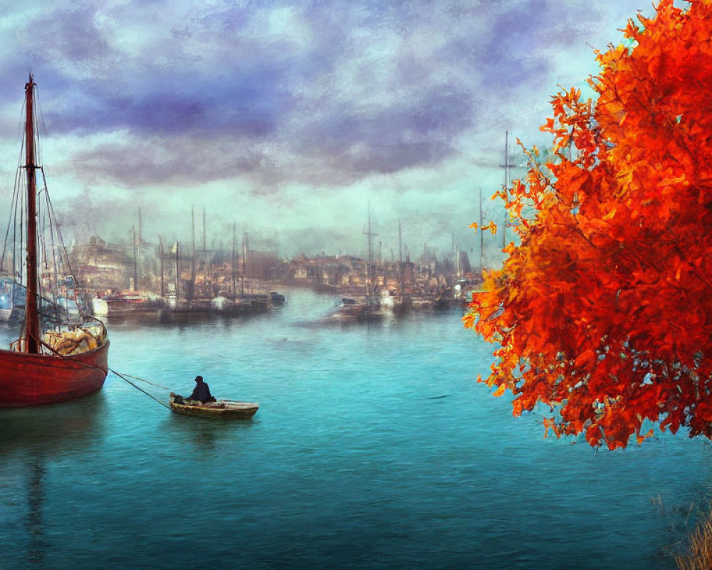 Colorful autumn tree and boats in hazy harbor with rower and red ship under moody sky