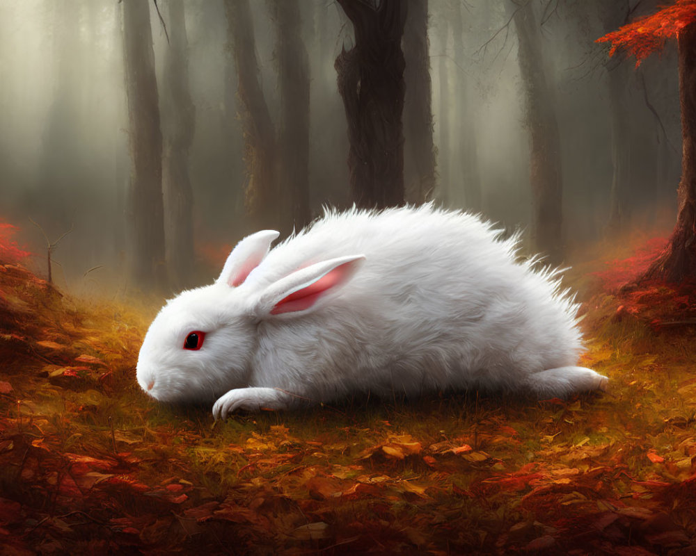 White Rabbit with Red Eyes Resting on Orange Leaves in Mystical Forest