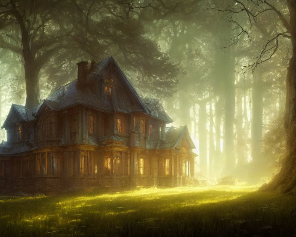 Victorian house in golden sunlight amidst misty forest.