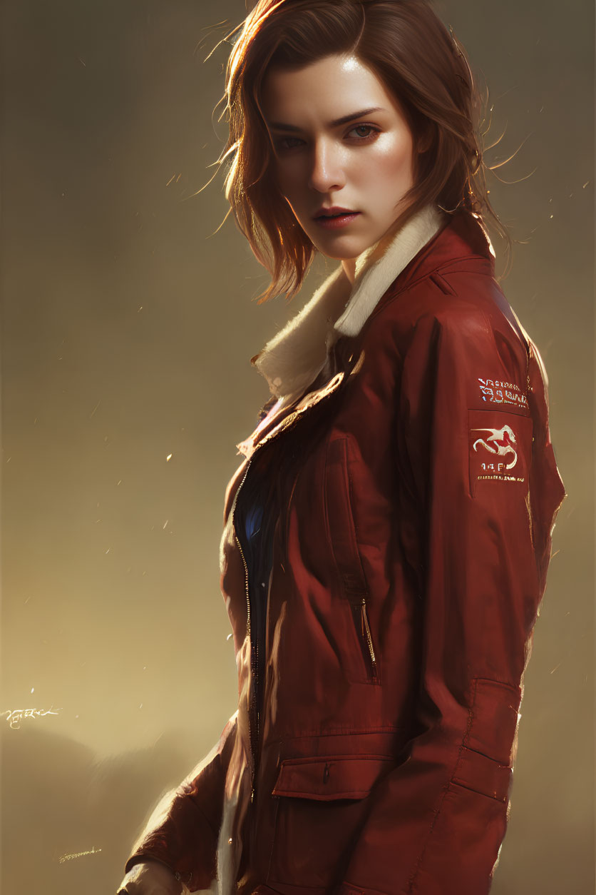 Digital artwork: Woman in red pilot jacket with patches and white scarf