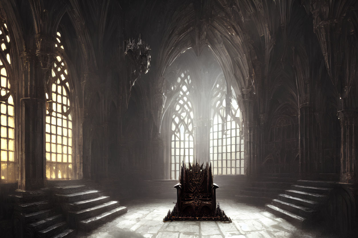 Gothic Style Cathedral Interior with Arched Windows and Ornate Throne