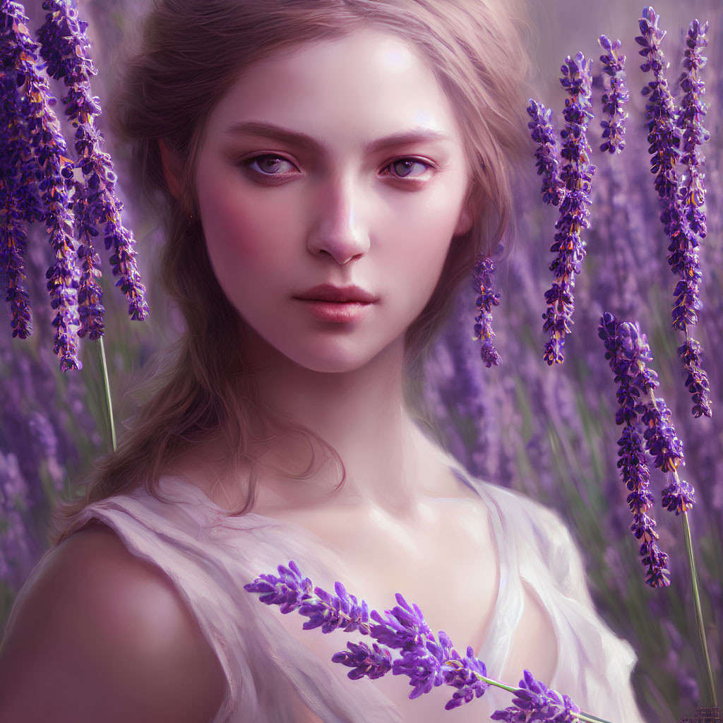 Digital portrait of woman with violet eyes in purple lavender setting