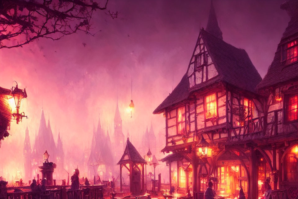 Fantasy village scene: glowing lanterns, timber houses, purple sky