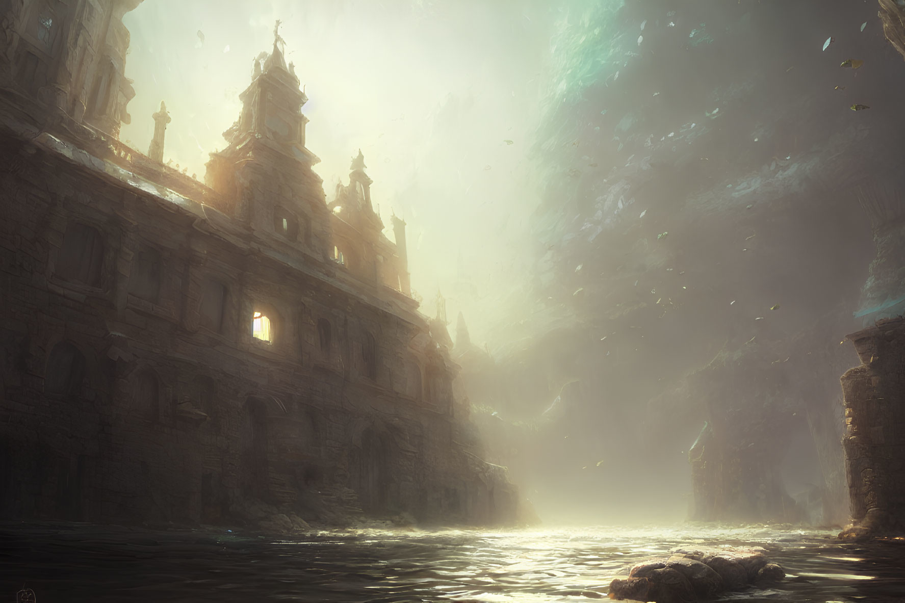Sunlit ancient baroque structures in misty underwater scene