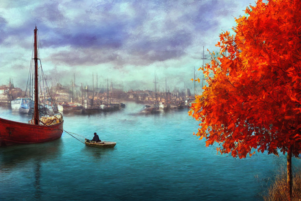 Colorful autumn tree and boats in hazy harbor with rower and red ship under moody sky