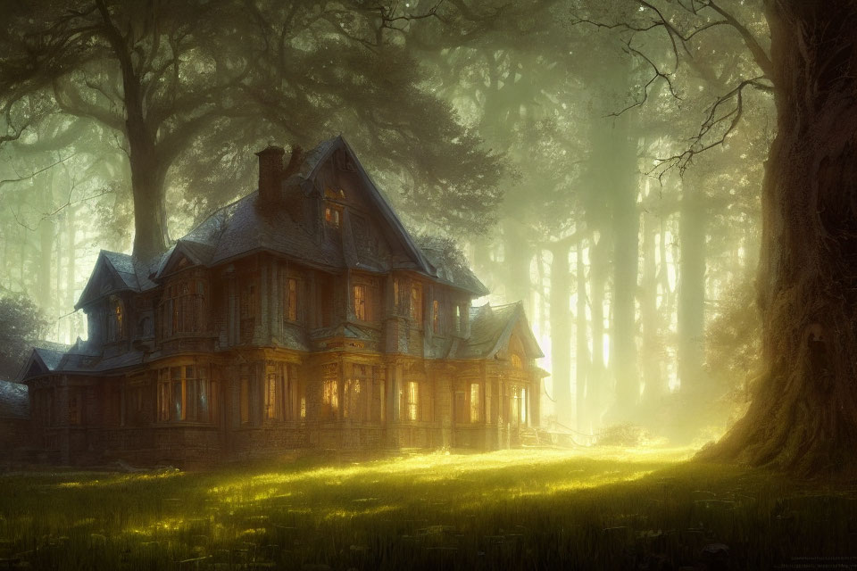 Victorian house in golden sunlight amidst misty forest.