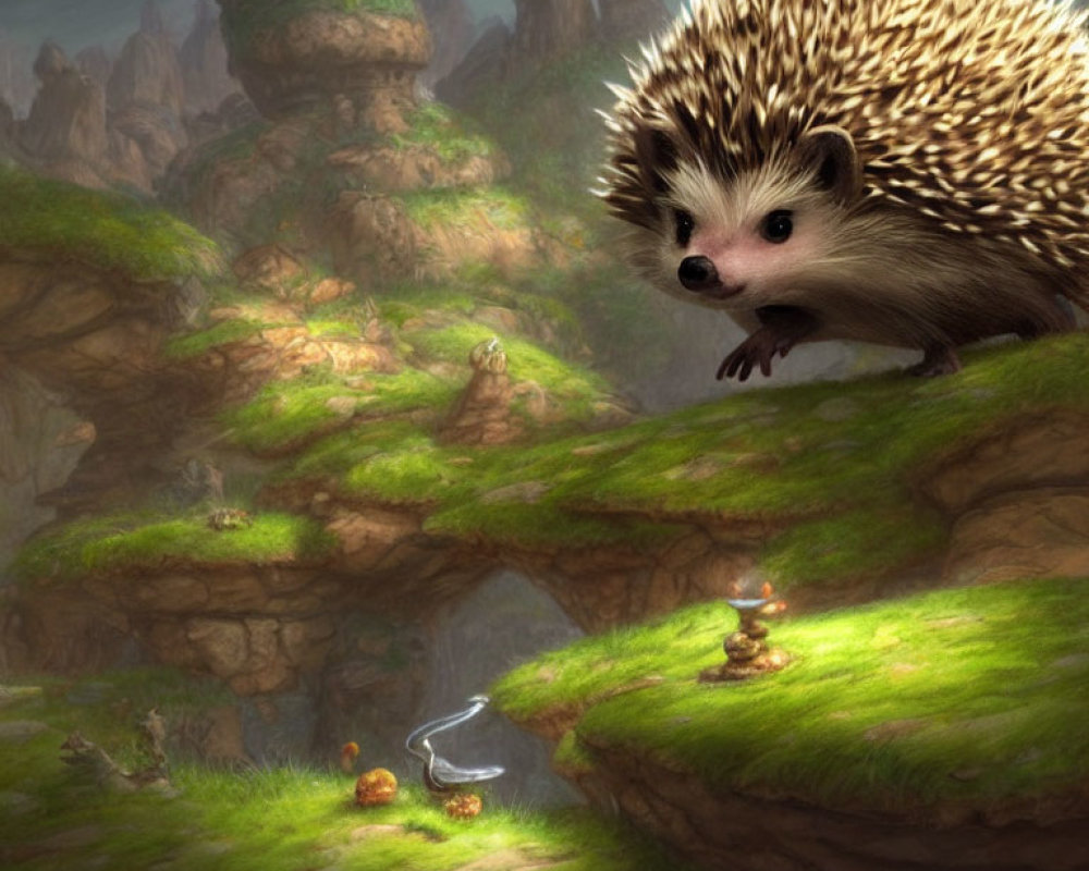 Giant hedgehog overlooking mossy cliff with creatures and mushrooms