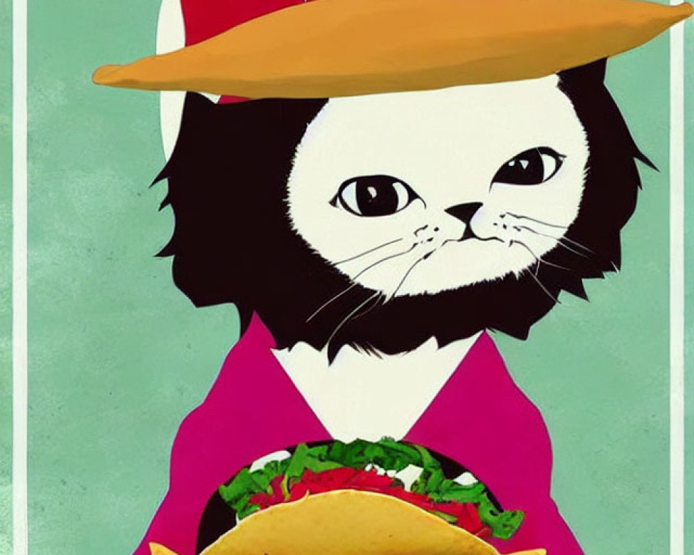 Cat in sombrero as taco vendor with taco on mint green background