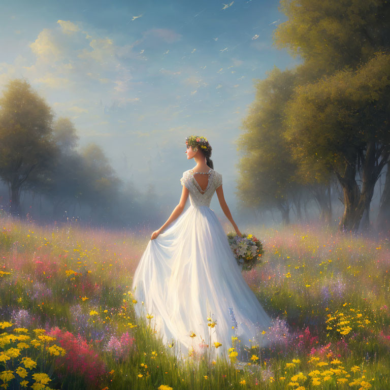 Woman in white dress with floral headpiece in sunlit meadow surrounded by colorful flowers and trees.