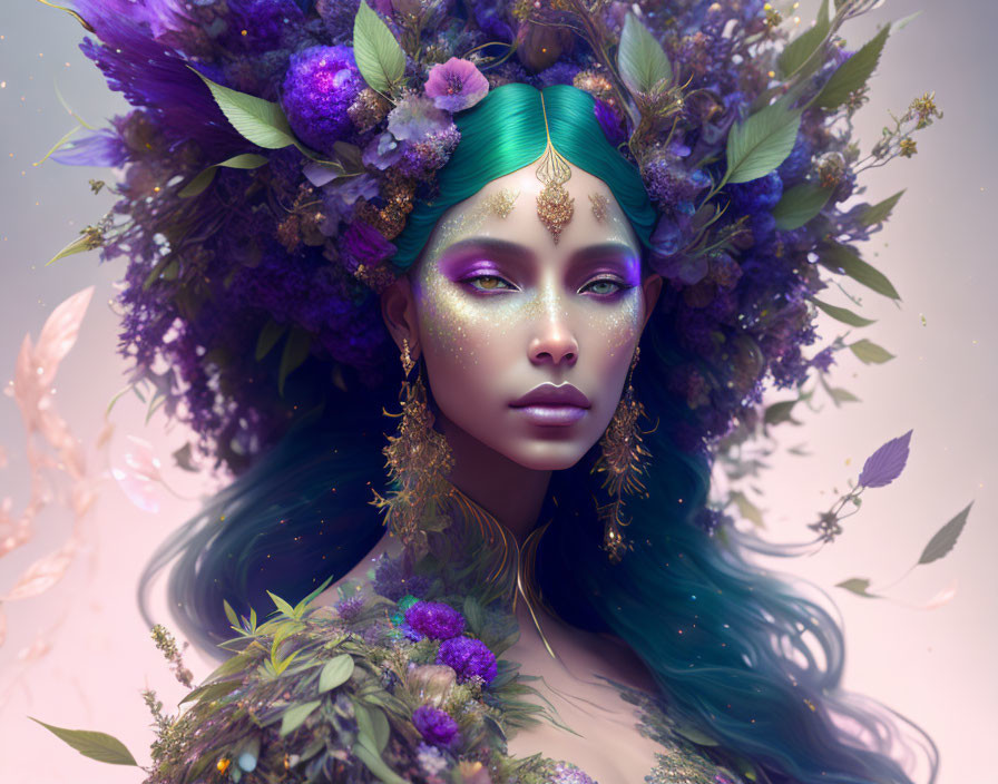 Fantastical portrait of woman with emerald green hair and floral headdress