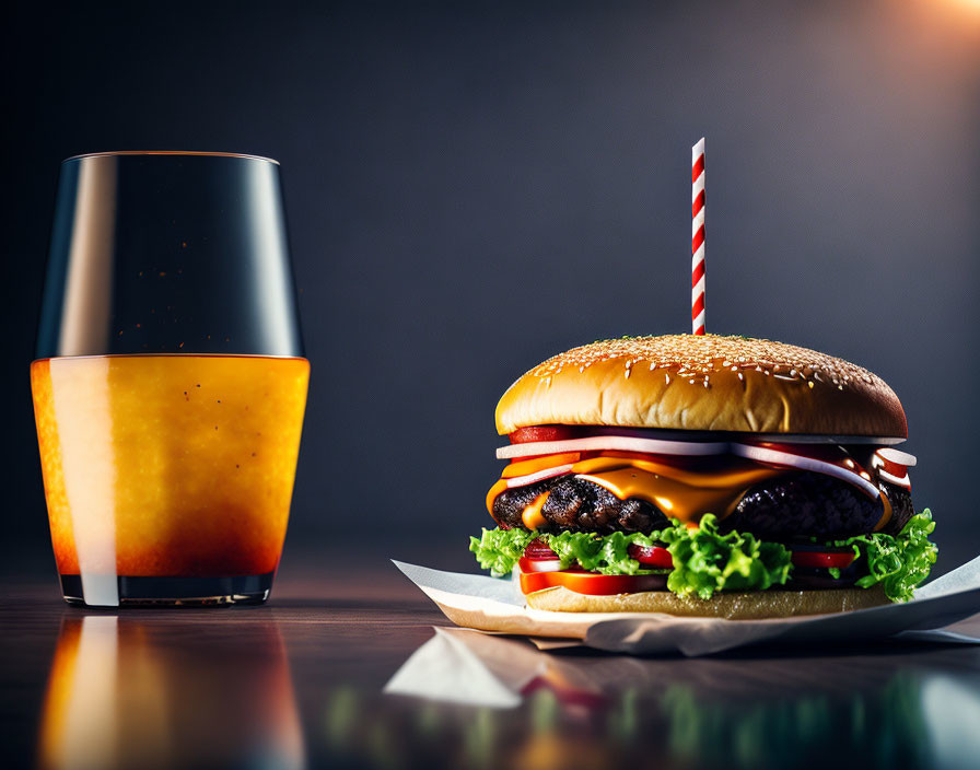 Classic Cheeseburger with Lettuce, Tomato, Onions, and Drink on Dark Background