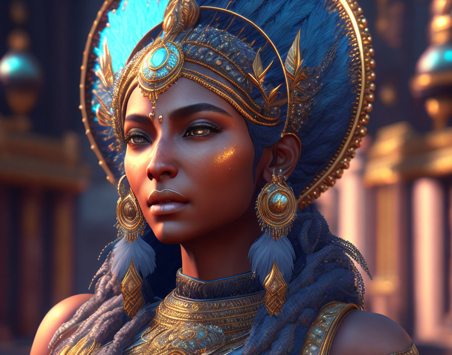 Detailed 3D rendering of woman in ornate golden and blue headgear against architectural backdrop