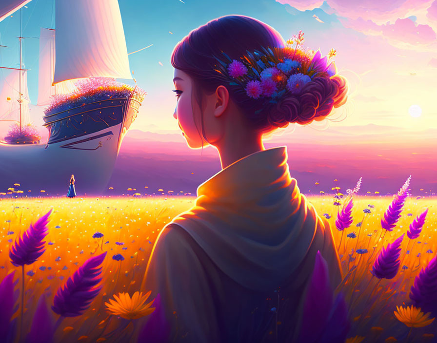 Woman with flower-adorned hair gazing at surreal lavender field with ship under vibrant sunset.
