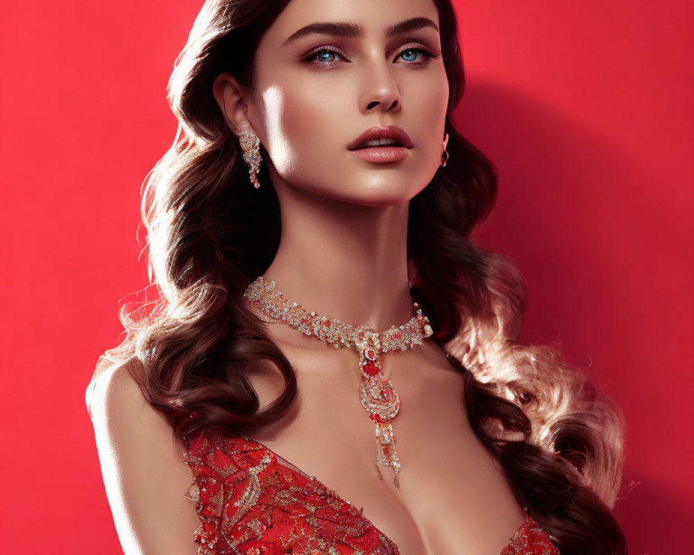 Elegant woman in red lace dress with wavy hair and sparkling jewelry