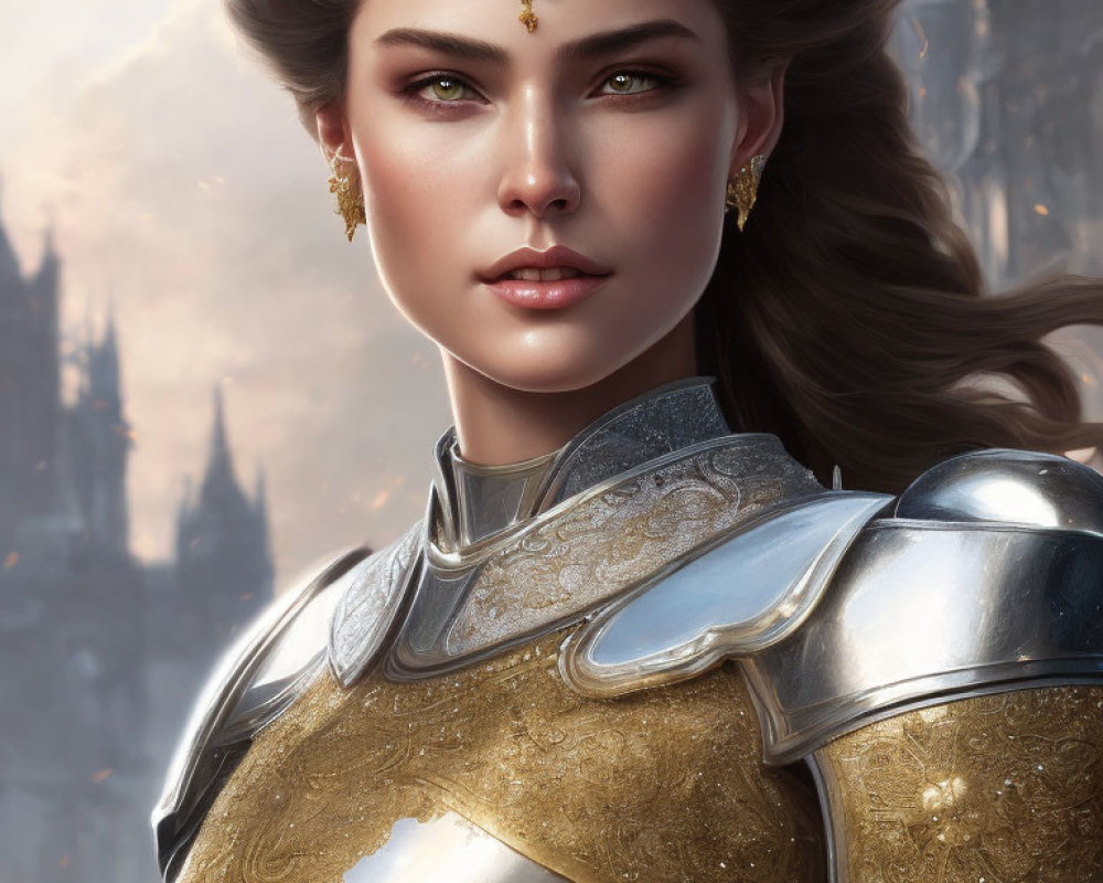 Detailed digital portrait of a female warrior in silver and gold armor with castle backdrop