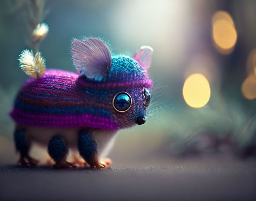 Colorful Knitted Sweater-Wearing Rodent in Bokeh Lights