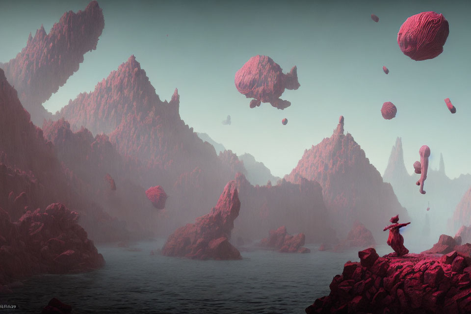 Surreal landscape with floating pink rocks and misty waters