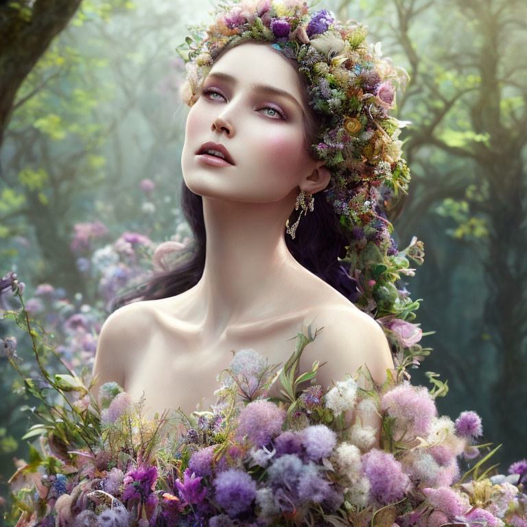 Woman with Floral Crown in Blooming Garden and Mystical Forest