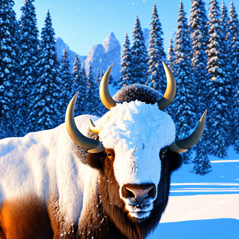 Majestic yak with snowy coat in mountain landscape