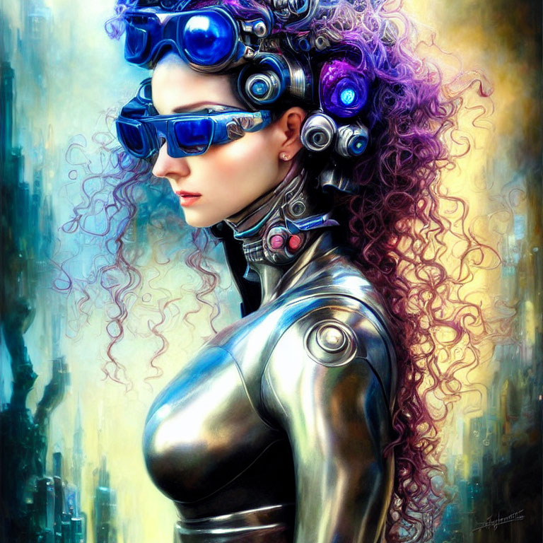 Futuristic woman with purple hair and cybernetic enhancements in metallic bodysuit