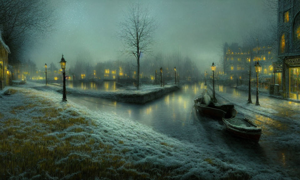 Snow-covered canal at night with glowing street lamps and moored boats