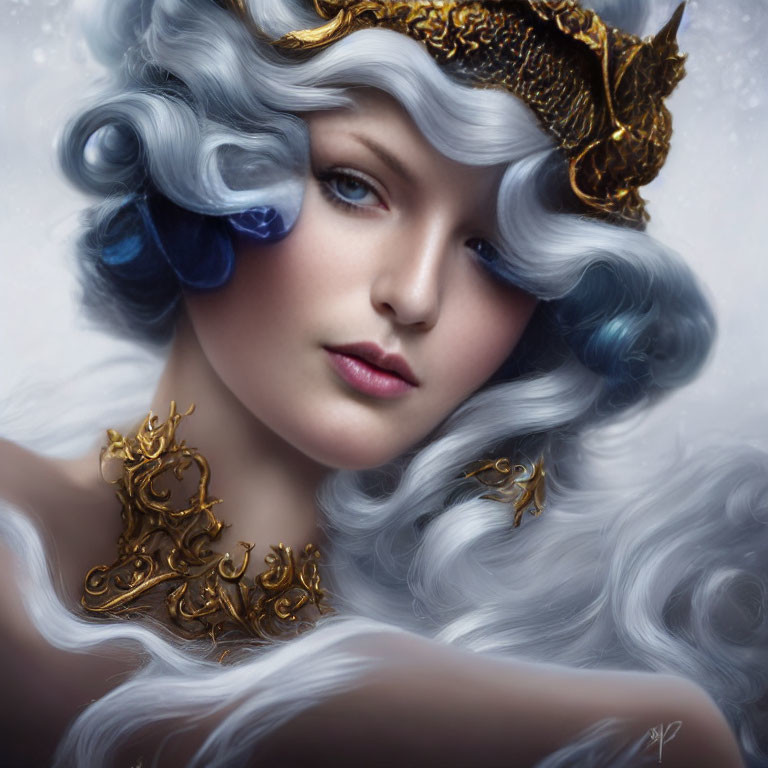Portrait of Woman with Wavy Silver Hair and Gold Accessories, Surrounded by Blue Flowers