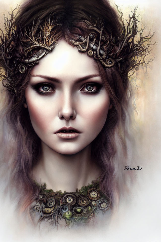 Woman portrait with captivating eyes and fantasy crown of branches and ornate metal, adorned with floral and moss