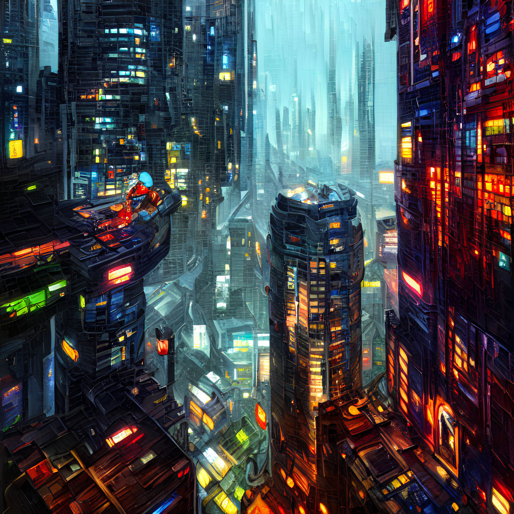 Neon-lit cyberpunk cityscape with towering skyscrapers in the rain