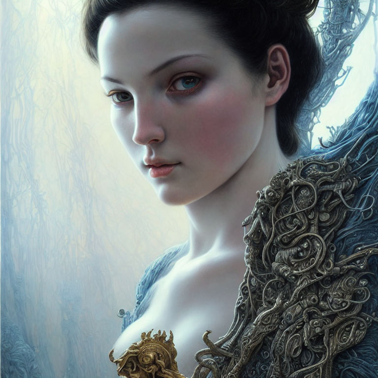 Digital painting of woman in ornate gold and bronze armor against misty backdrop