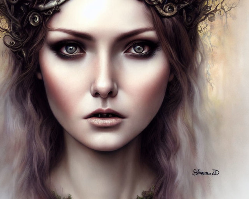 Woman portrait with captivating eyes and fantasy crown of branches and ornate metal, adorned with floral and moss