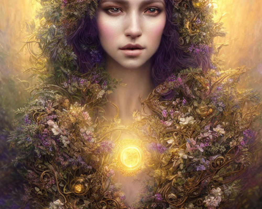 Purple-haired female figure with floral wreath and golden leaves, wearing a glowing amulet