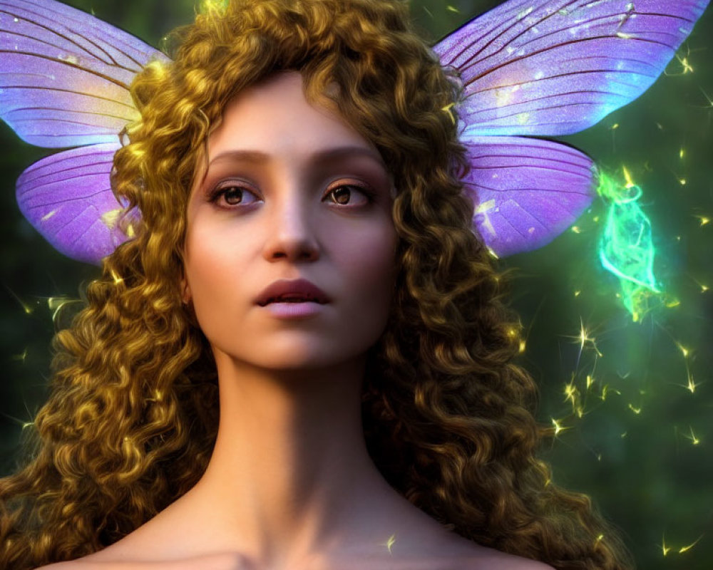 Curly-haired woman with purple fairy wings in enchanted forest scene