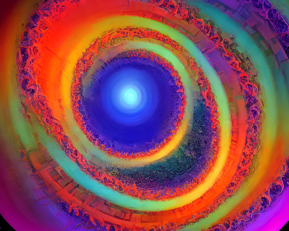 Colorful digital artwork: concentric circles in orange to blue with fractal patterns.