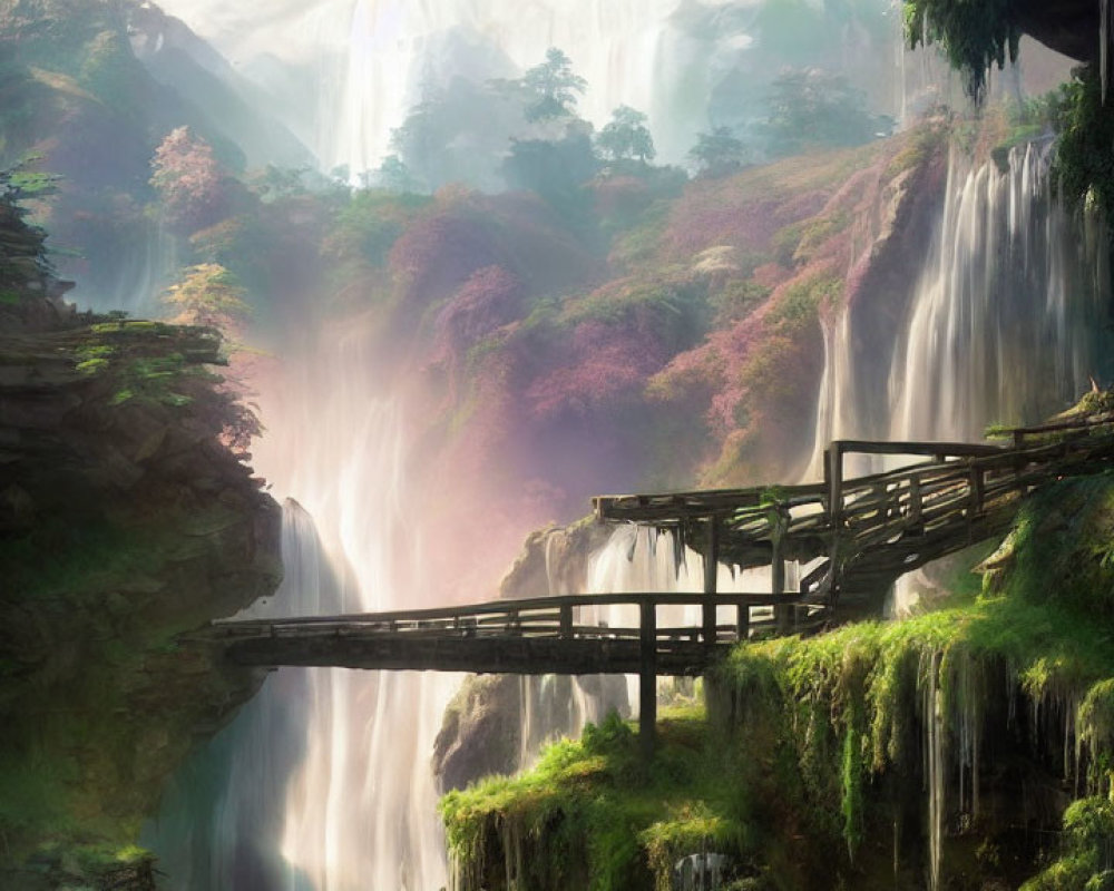 Wooden bridge over lush chasm with waterfalls and vibrant foliage