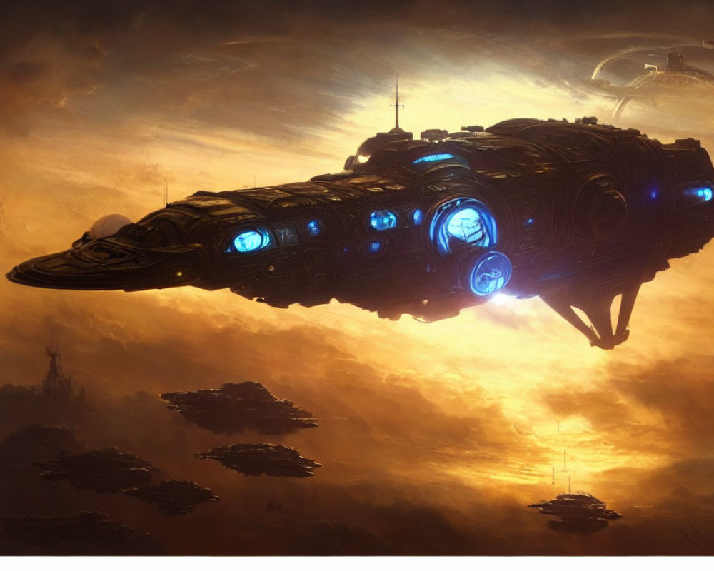 Detailed Spaceship with Blue Lights in Dramatic Sky
