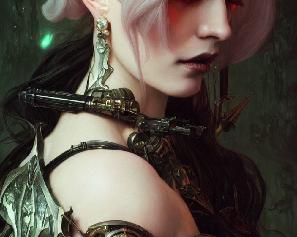 Silver-haired female figure with red glowing eyes and cybernetic enhancements in ornate armor