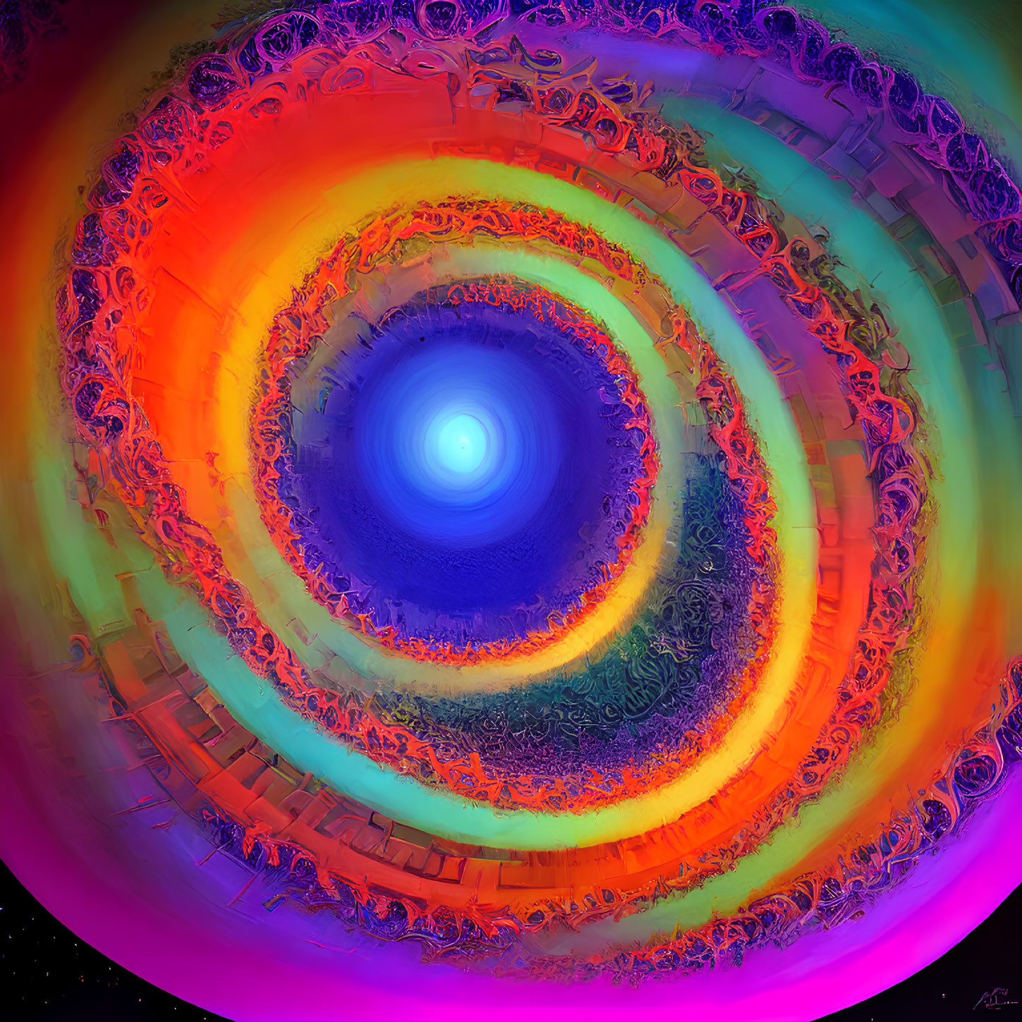 Colorful digital artwork: concentric circles in orange to blue with fractal patterns.