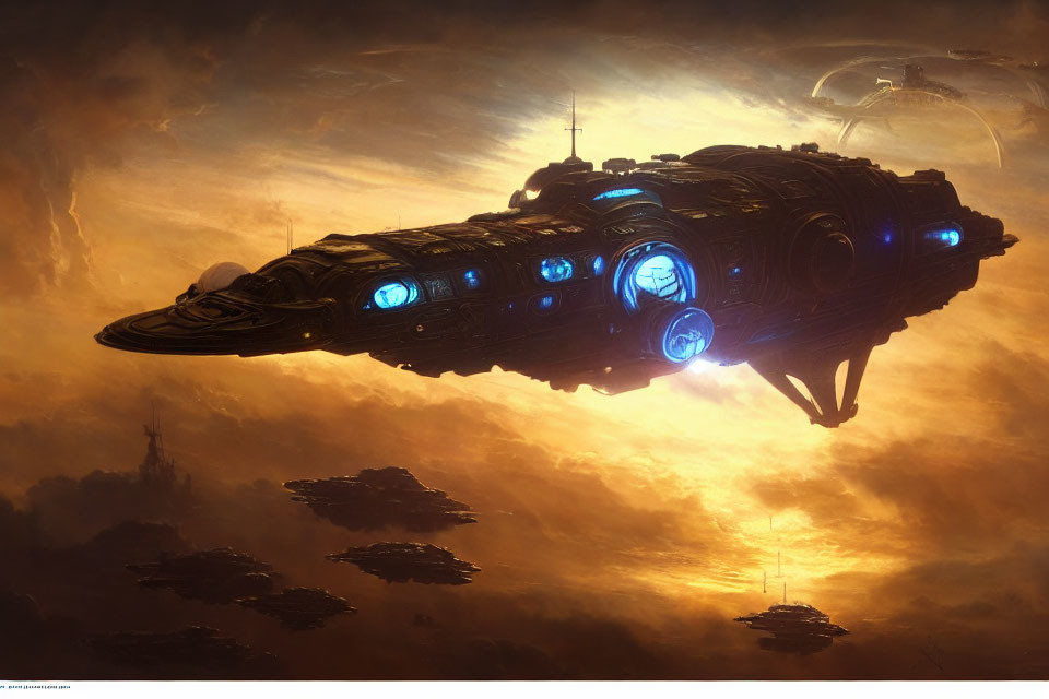 Detailed Spaceship with Blue Lights in Dramatic Sky