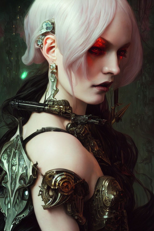Silver-haired female figure with red glowing eyes and cybernetic enhancements in ornate armor