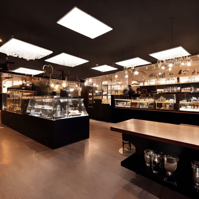 Modern interior of a cafe/bakery with glass display cases & ornate chandeliers