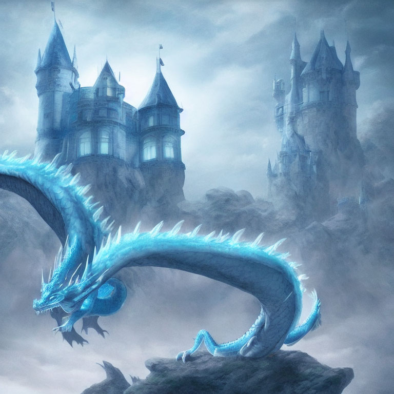 Blue dragon perched on rocky outcrop with twin-turreted castles in misty background
